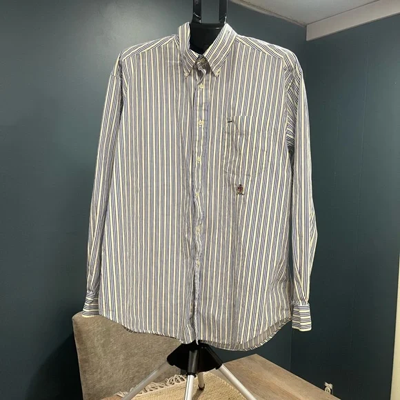 Vintage Tommy Hilfiger Blue, Yellow and White Striped Dress Shirt Size XL - Picture 1 of 6